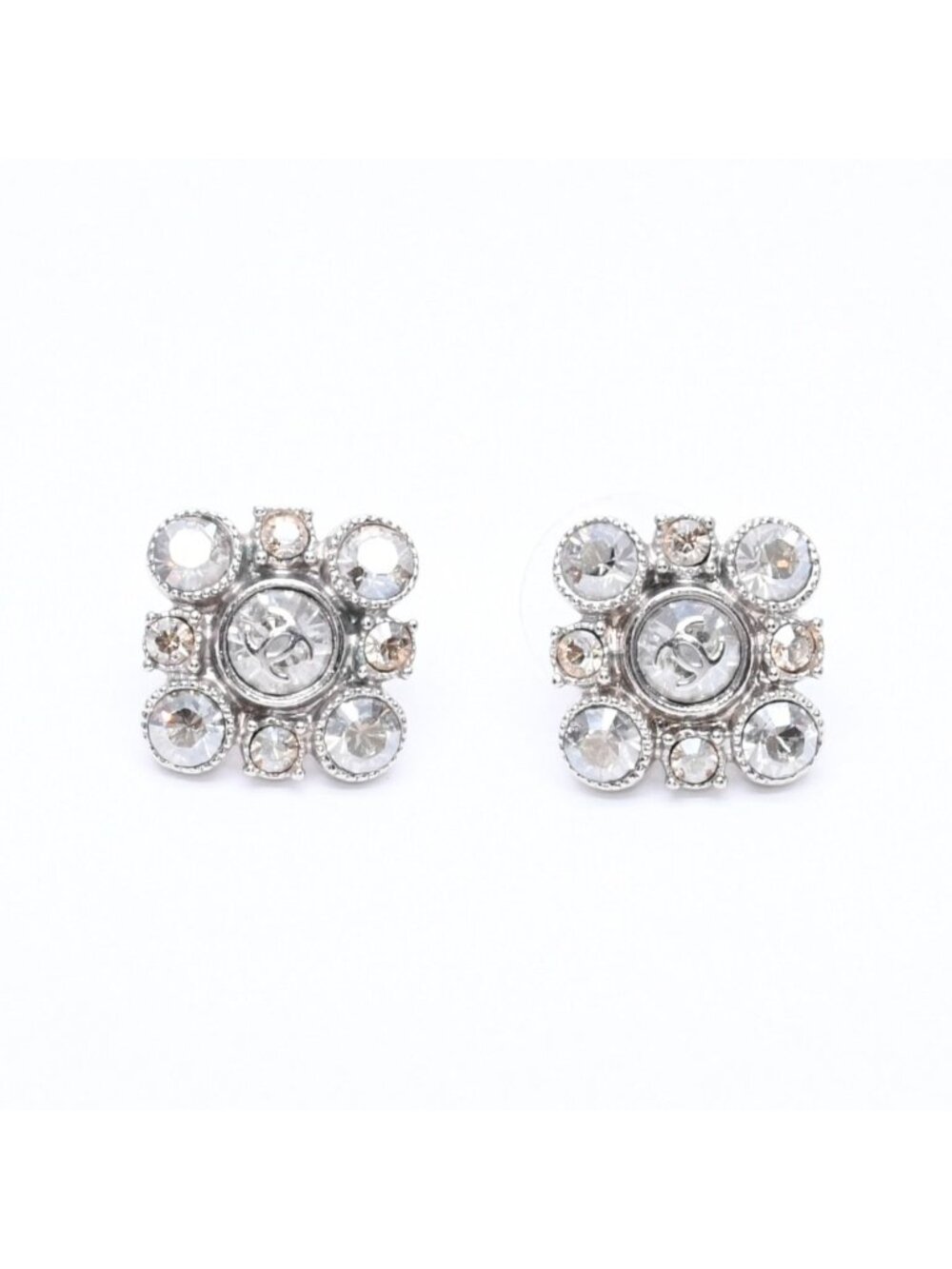 Chanel Earrings Round Big Stone 09 Silver Color Rhinestone